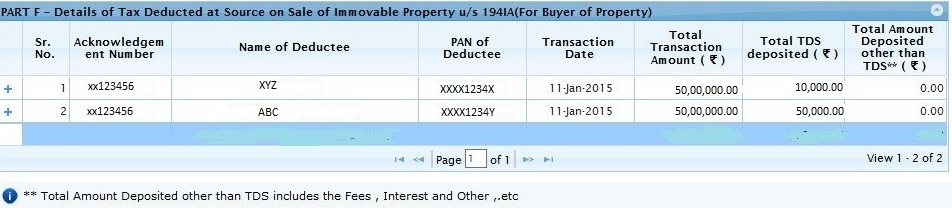 part F- Details of deductor at source o sale of Immovable Property u/s 194IA(For buyer of property) 